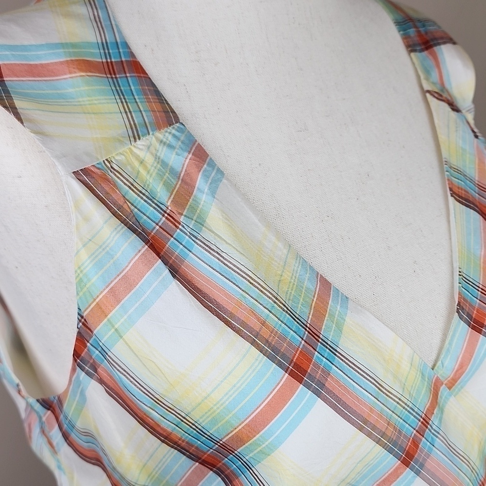 Y2K Vintage Plaid Empire Waist 100% Silk Sleeveless Blouse Medium - Picture 4 of 8